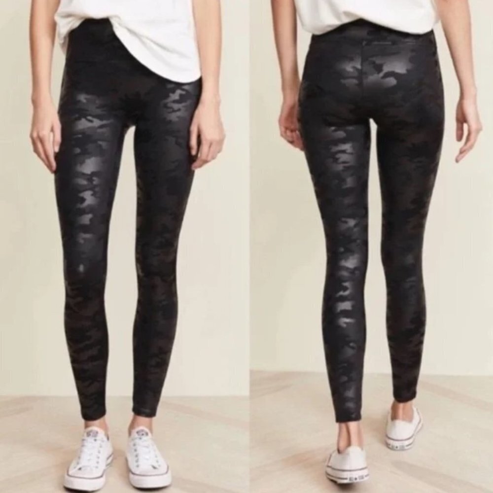 Spanx Faux Leather Black Camo Leggings